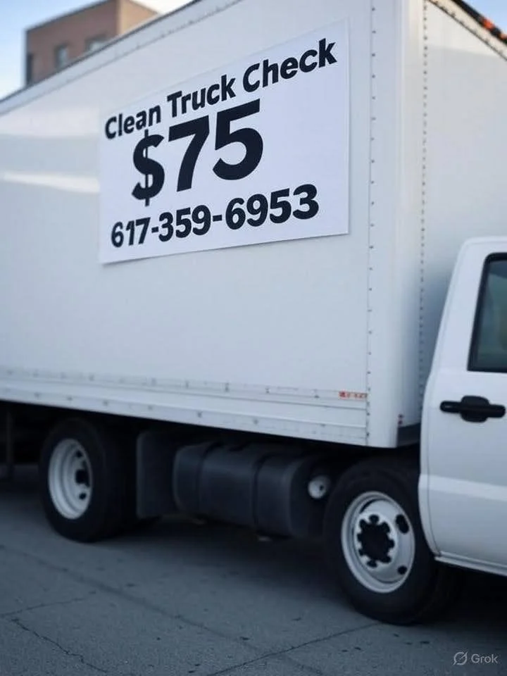 A white truck with a sign advertising a clean truck check for $75, including a phone number.