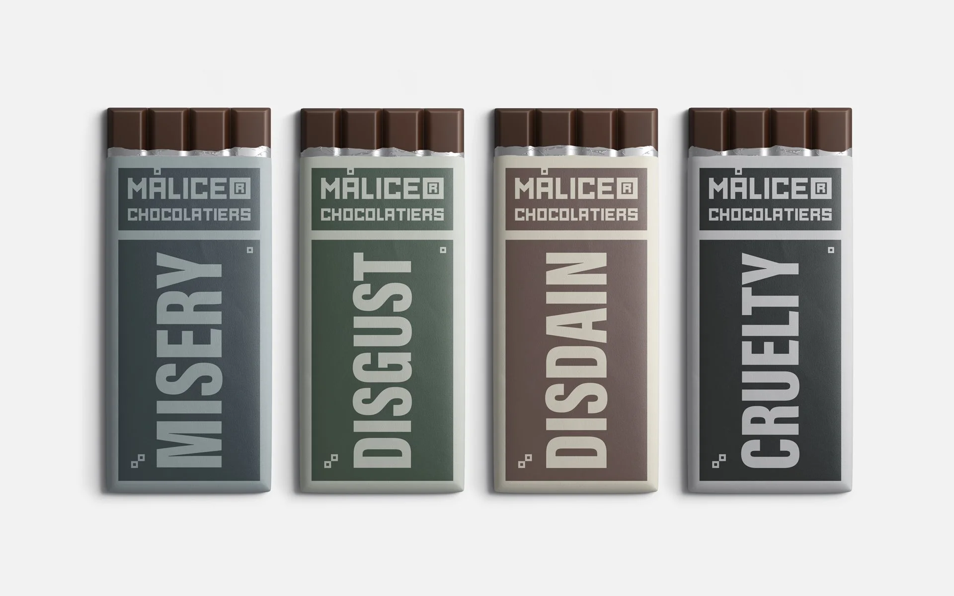 Minimalist chocolate bar packaging concept for MALICE Chocolates featuring bold typography and muted tones.