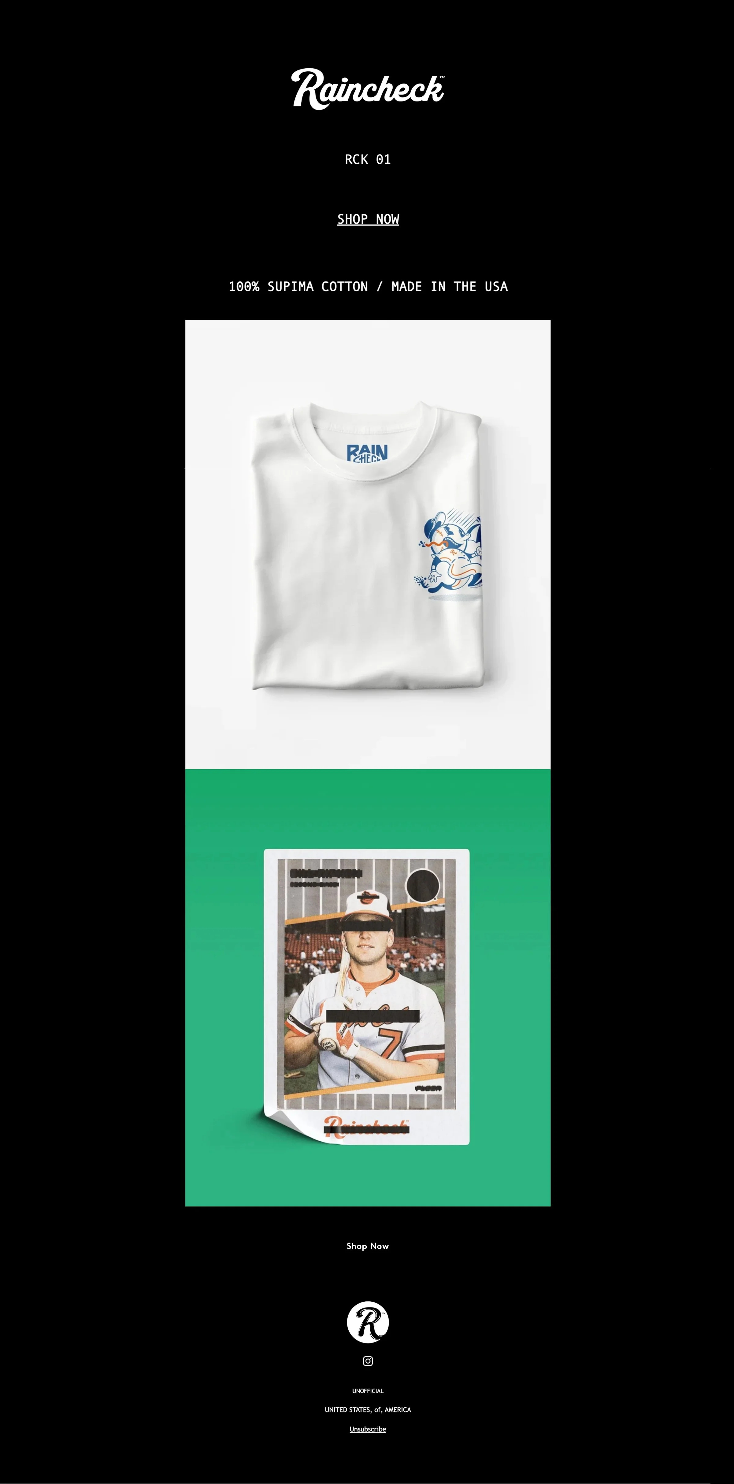 RAINCHECK email marketing campaign showcasing sports-inspired apparel, collectible graphics, and editorial product storytelling.