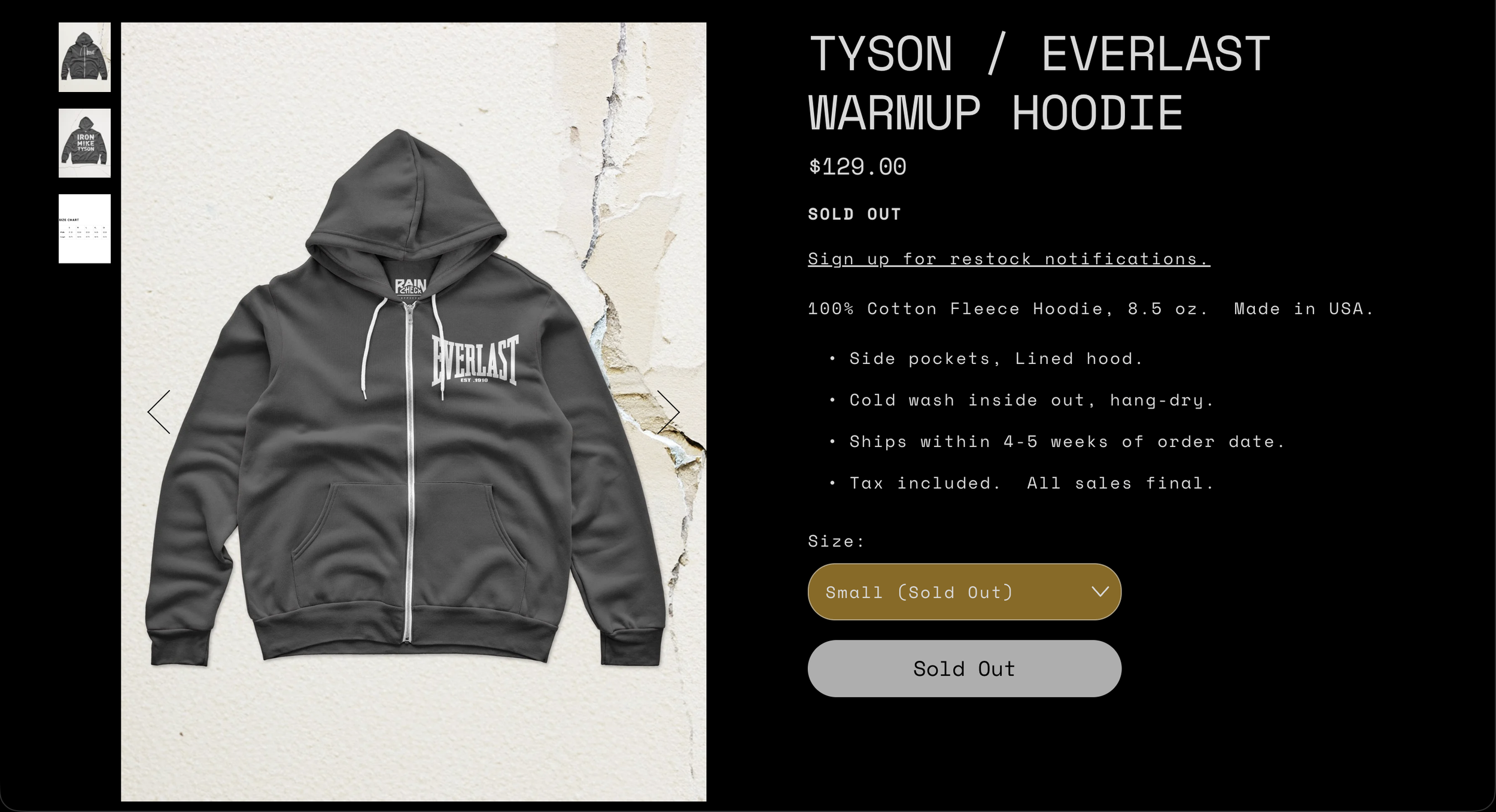 RAINCHECK Tyson x Everlast warmup hoodie product page featuring minimalist e-commerce design and boxing-inspired apparel collaboration.