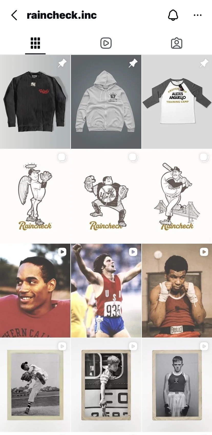RAINCHECK Instagram grid featuring vintage sports imagery, Americana references, apparel design, and minimalist brand storytelling.