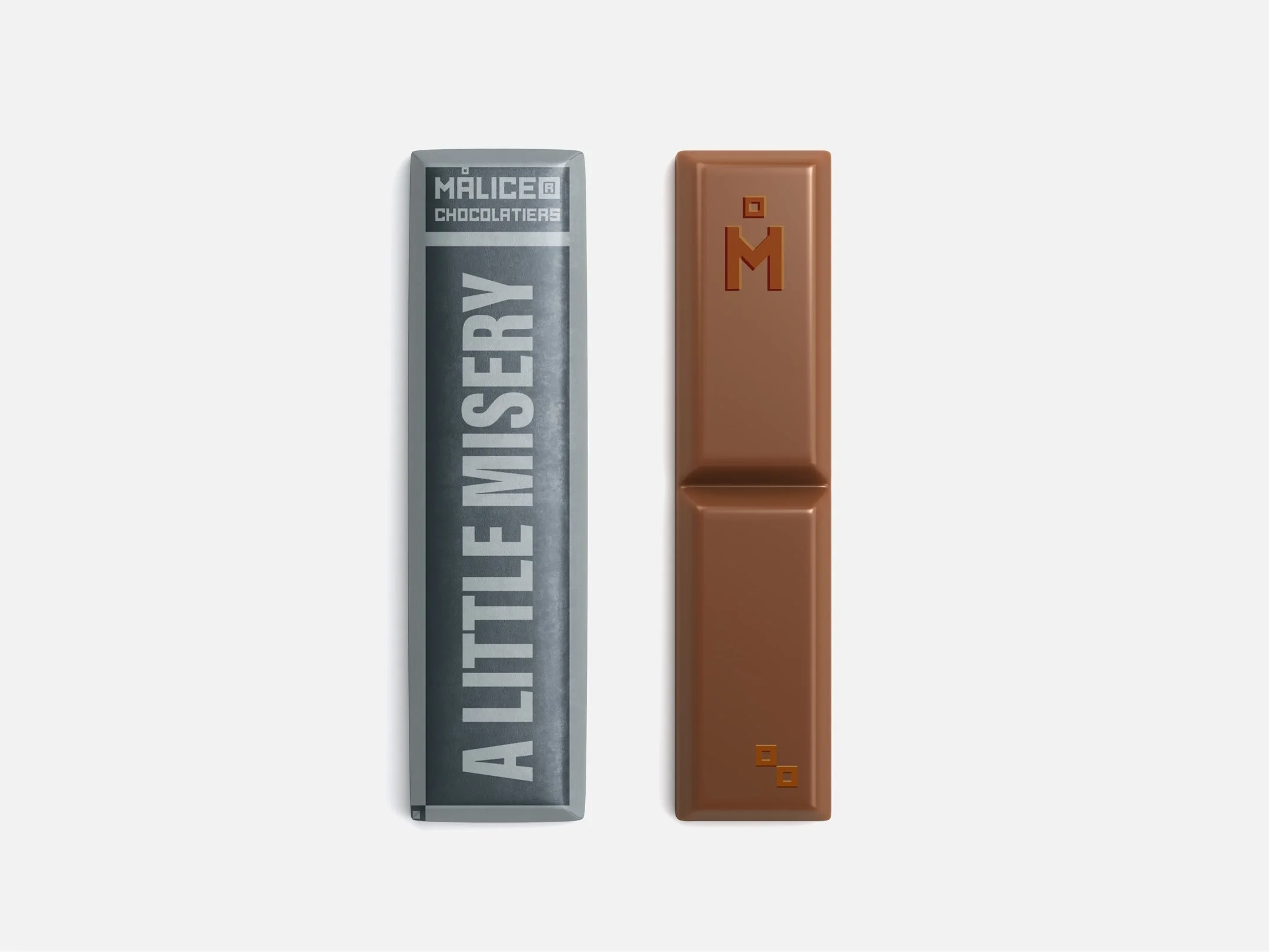 Minimalist MALICE Chocolates bar shown alongside unwrapped chocolate with subtle brand marks.