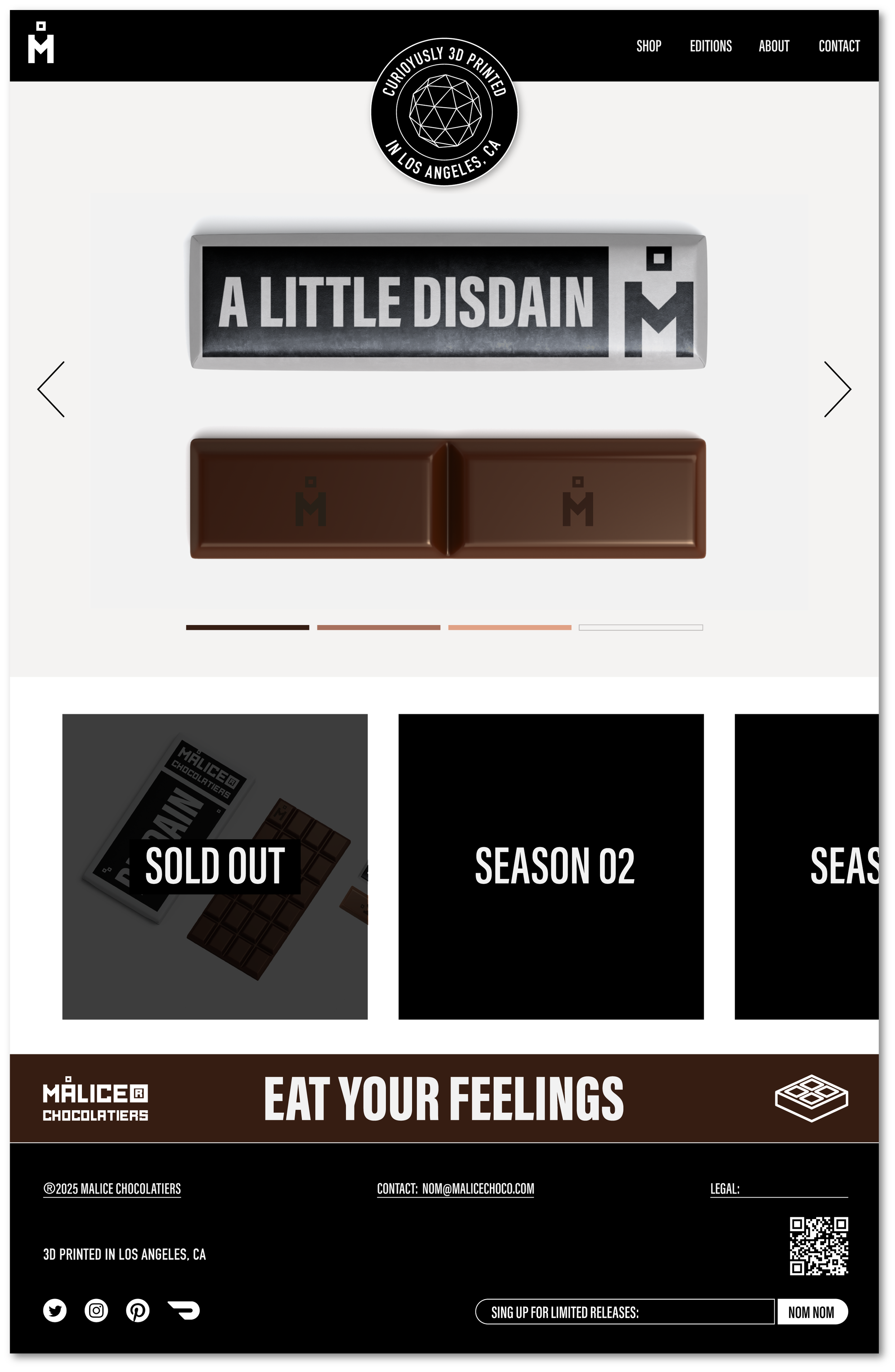 MALICE Chocolates bar titled “A Little Disdain” shown with minimalist typography and sculptural chocolate form.