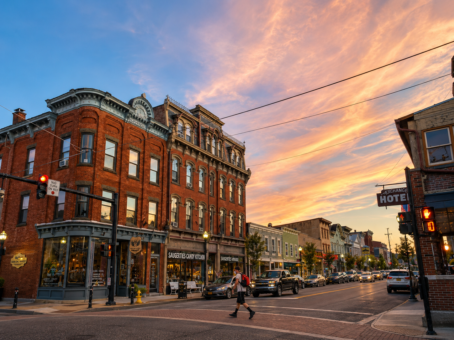 Iconic view of downtown Saugerties, NY at sunset with historic brick buildings, Main Street storefronts, cars, pedestrians, and a colorful evening sky.
