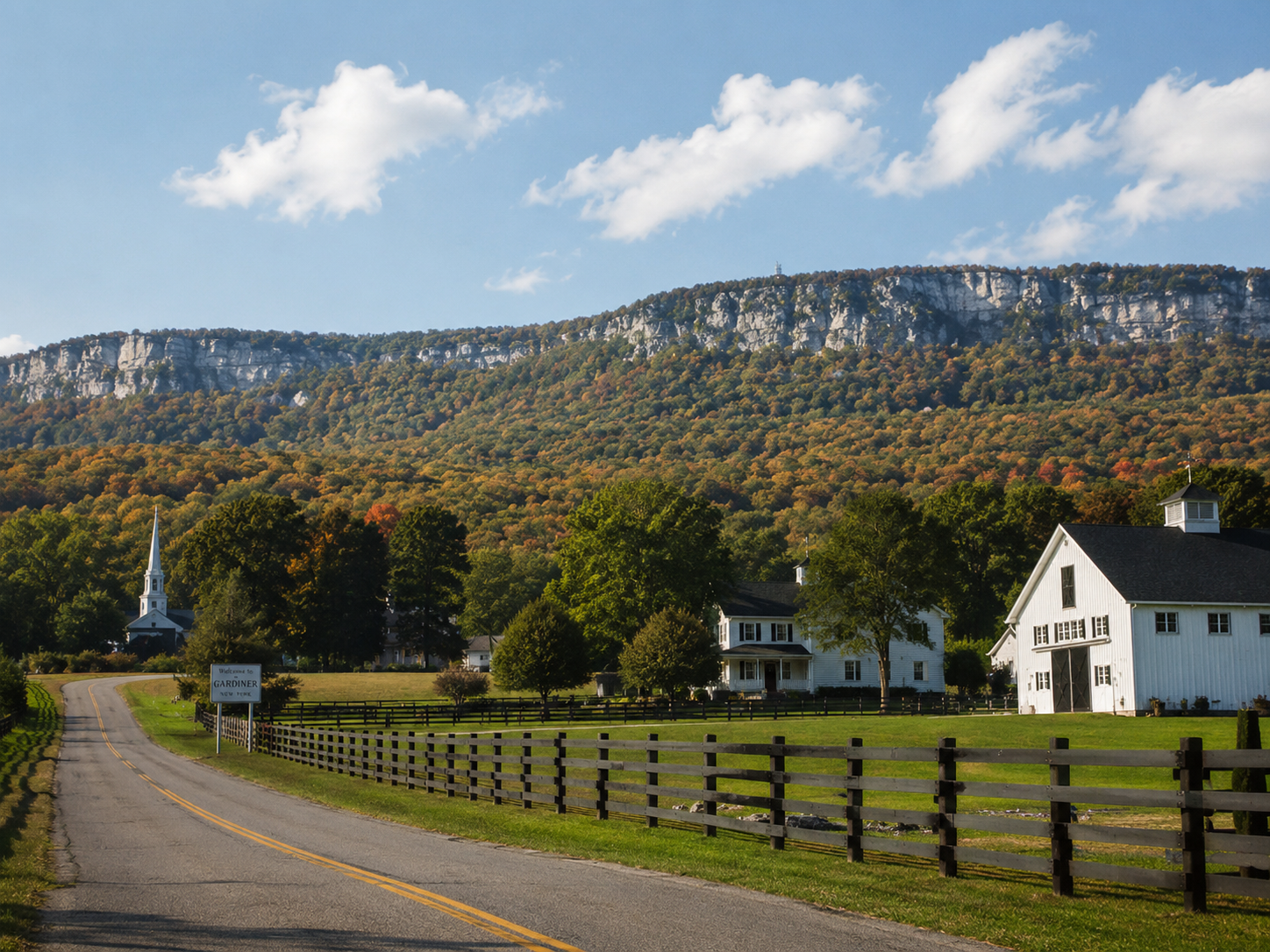 Gardiner, NY rural road with farm fields, a white barn, village buildings, and the Shawangunk Ridge in the background.