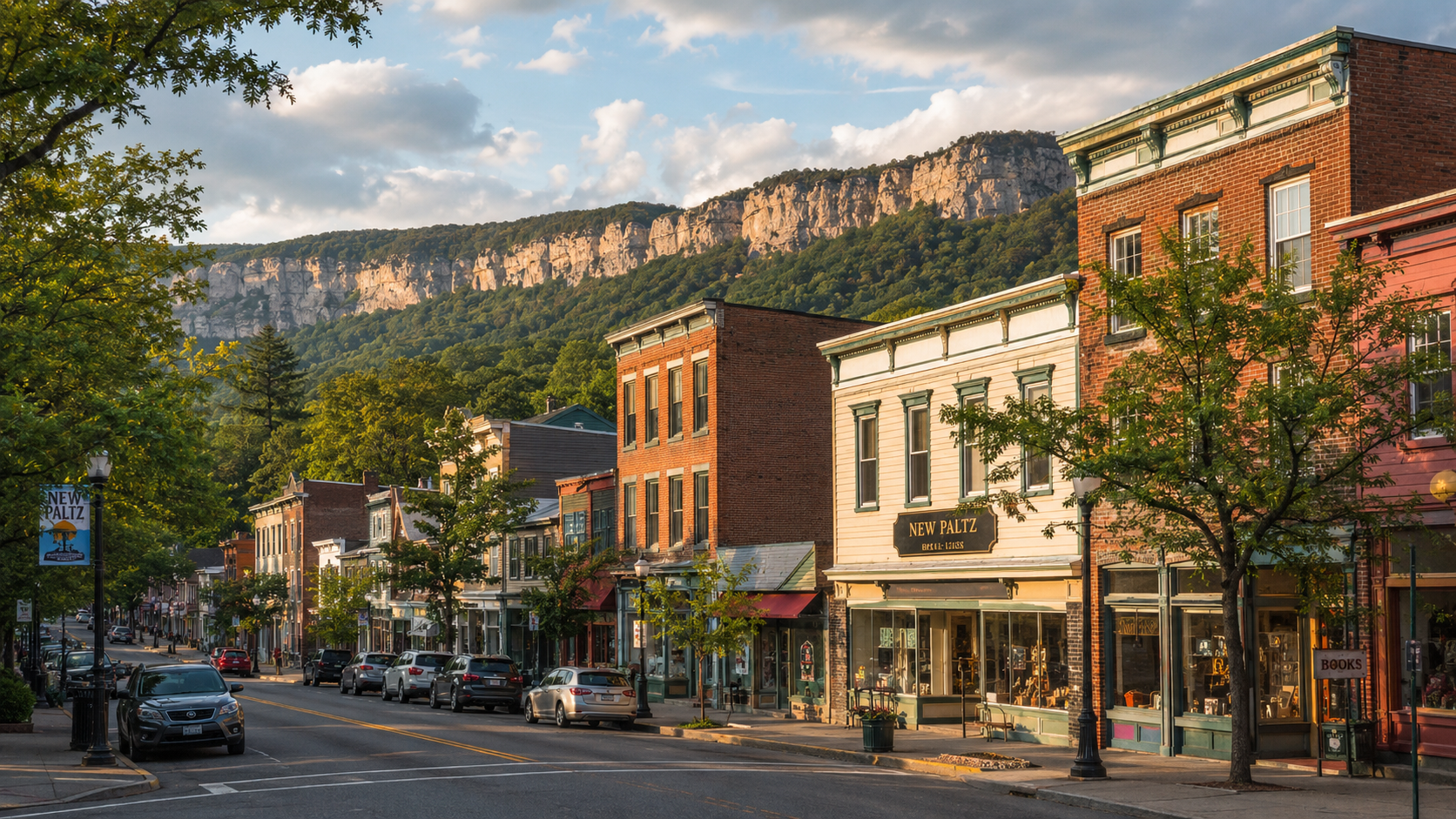 Iconic view of New Paltz, NY with historic downtown storefronts, tree-lined streets, and the Shawangunk Ridge rising in the background.