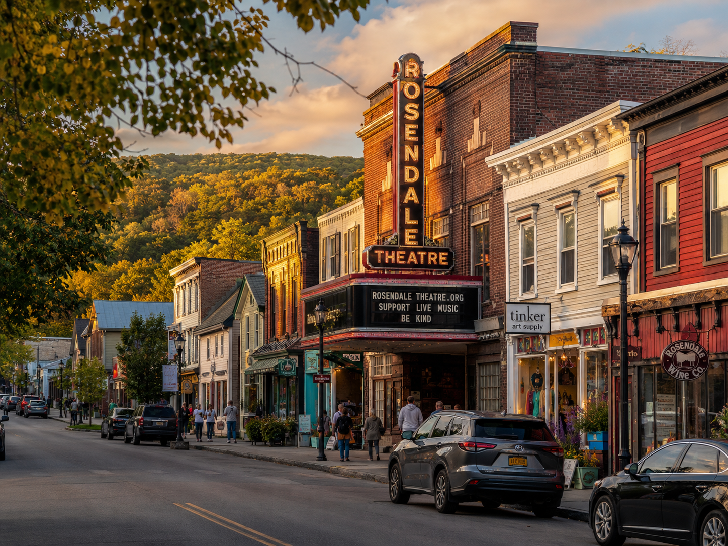 Iconic view of downtown Rosendale, NY with the Rosendale Theatre, historic Main Street storefronts, parked cars, pedestrians, and wooded hills in the background.