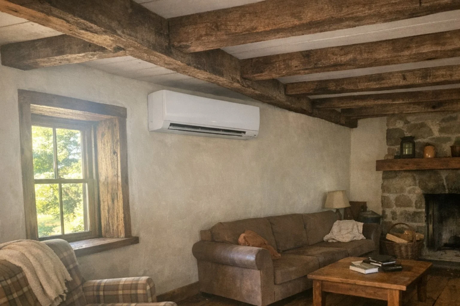 Ductless mini-split head in an old farmhouse living room