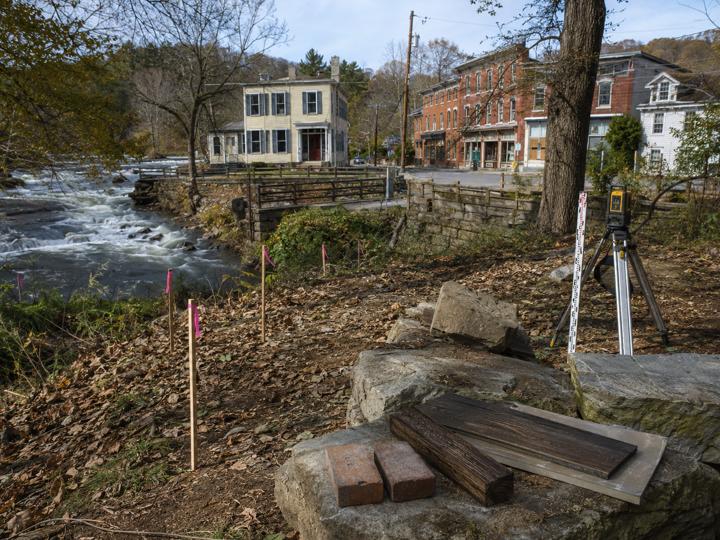 High Falls, NY creekside site with survey equipment, marked stakes, historic buildings, and Rondout Creek in the background.