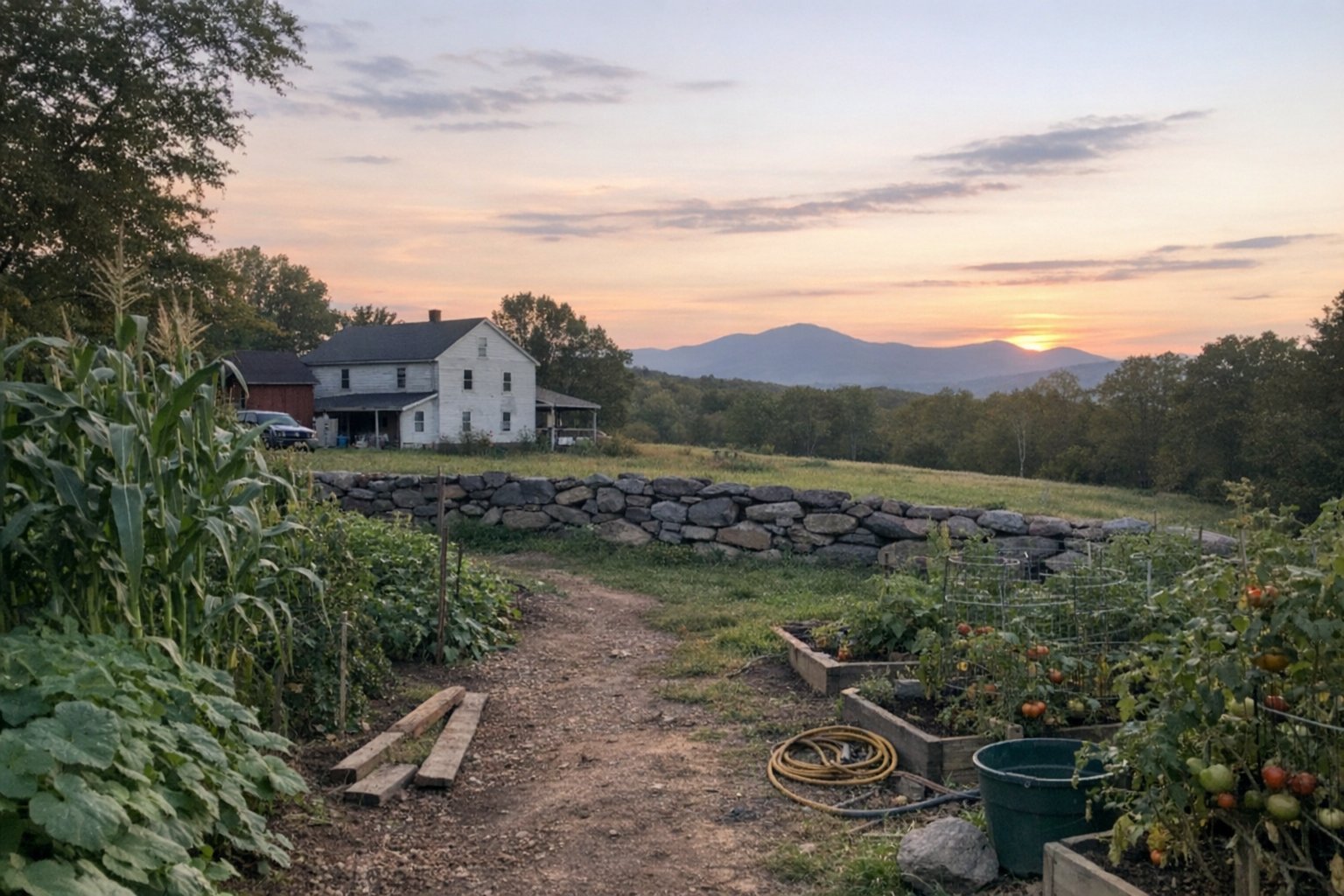 Older farmhouse with a garden and mountain view in the Hudson Valley