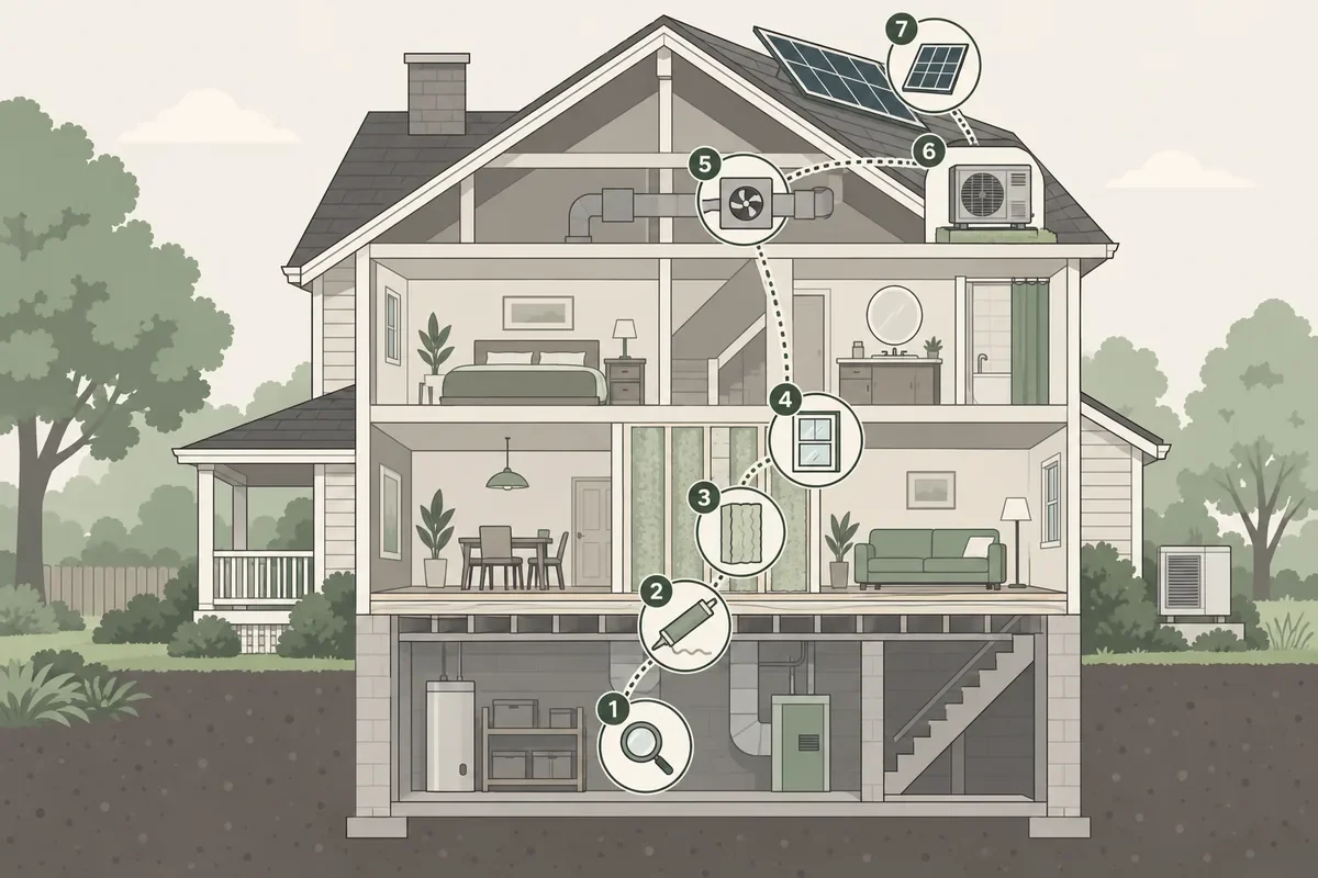 Illustration of a house with seven numbered steps from air sealing to rooftop solar.