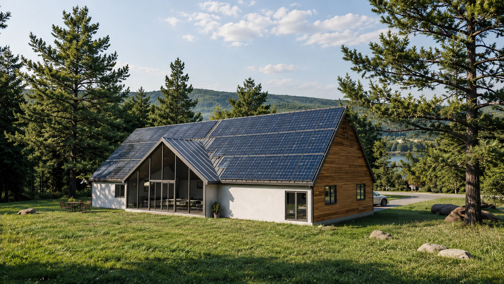Photorealistic modern home with rooftop solar panels set on a grassy property with trees and Hudson Valley hills in the background.