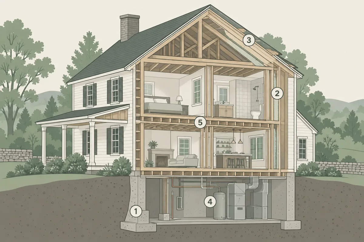 Illustration of an older two-story farmhouse shown as a cutaway, with the frame, foundation, walls and roof labeled as areas to assess.