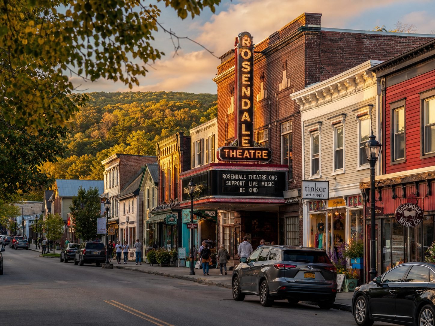 Iconic view of downtown Rosendale, NY with the Rosendale Theatre, historic Main Street storefronts, parked cars, pedestrians, and wooded hills in the background.