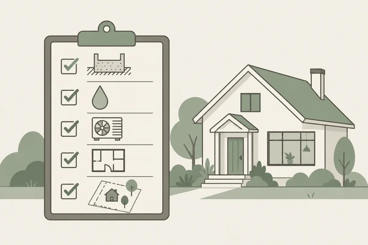 Illustration of a clipboard checklist beside a house outline, with icons for foundation, moisture, systems, layout and zoning.