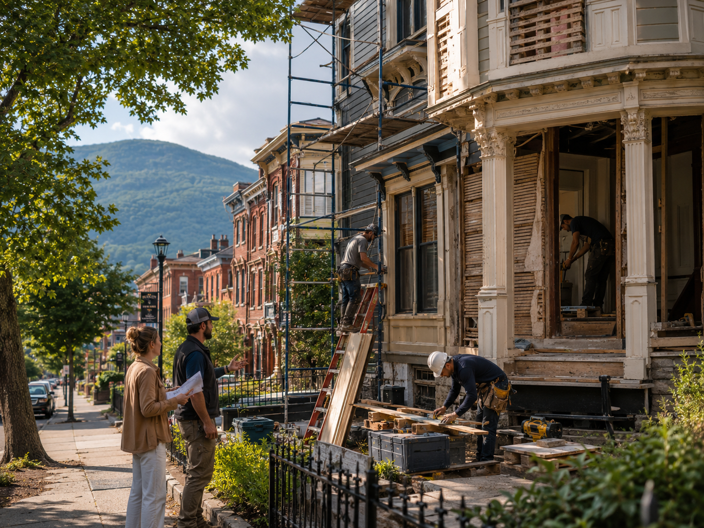 Beacon, NY historic home renovation with scaffolding, contractors, exposed exterior conditions, and Mount Beacon in the background.
