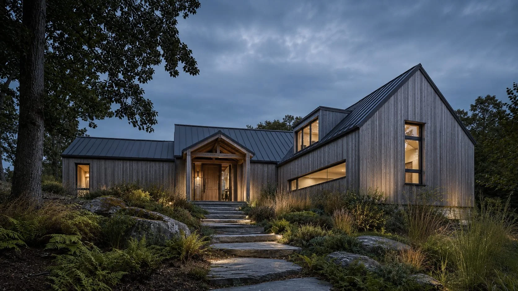 Modern cedar home overcast sky