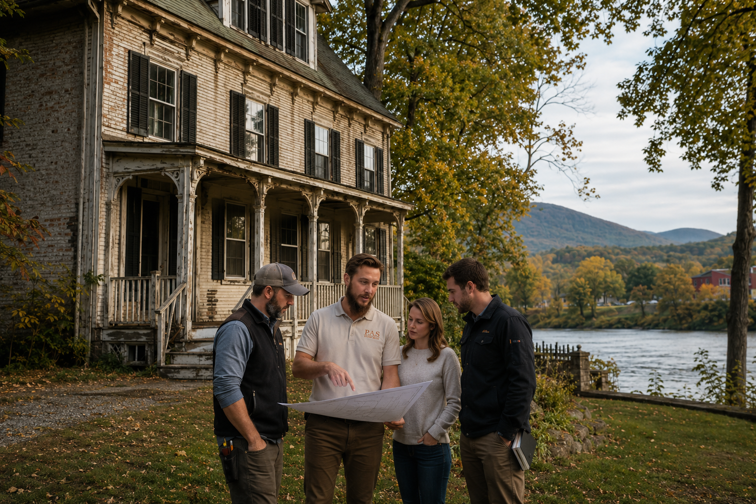 Aiden from P.A.S. Design Build reviewing renovation plans with homeowners outside an older Saugerties, NY home near the river and Catskill foothills.