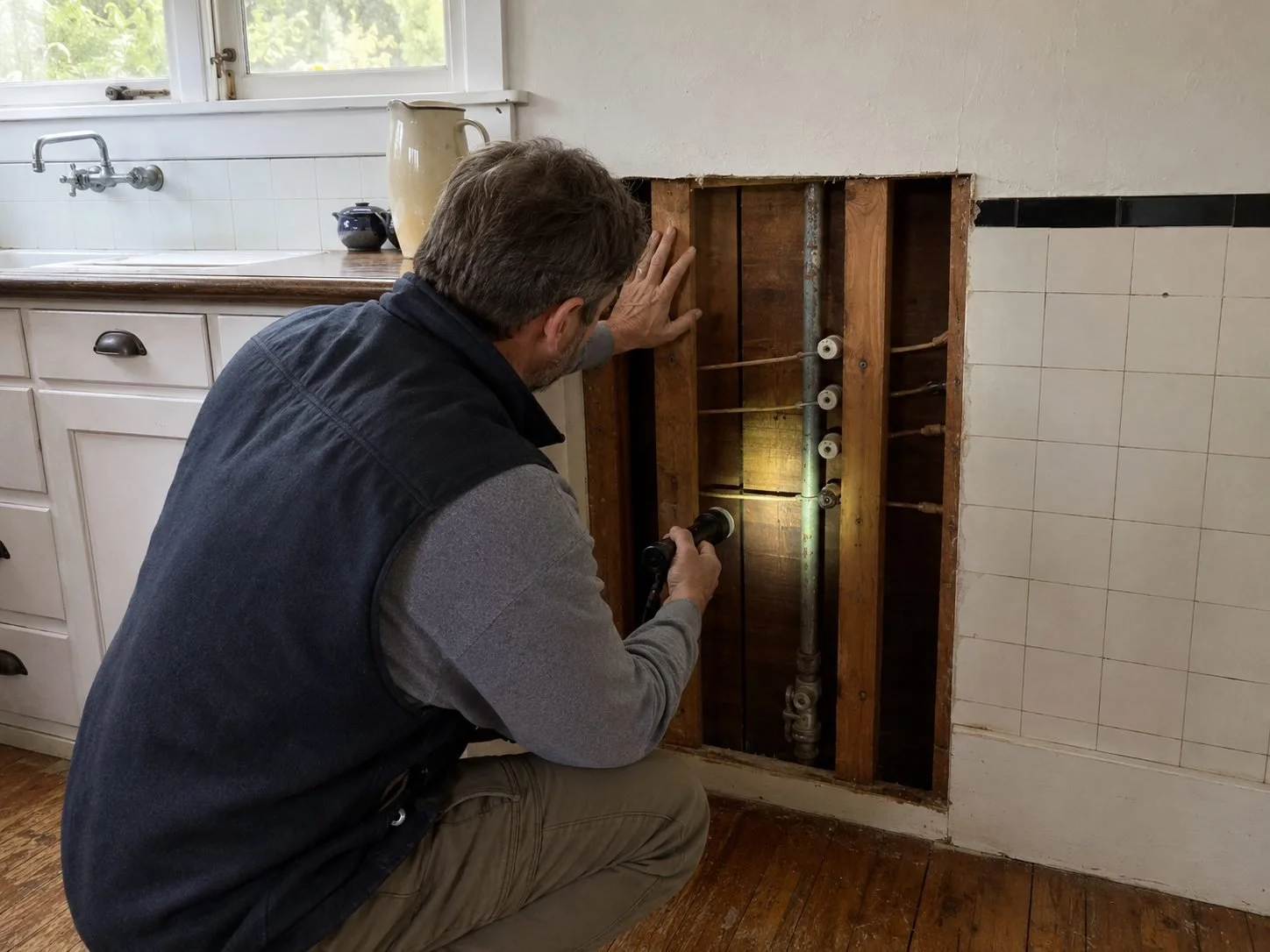 Contractor inspecting knob-and-tube wiring and galvanized plumbing inside an opened kitchen wall in an older Hudson Valley home.