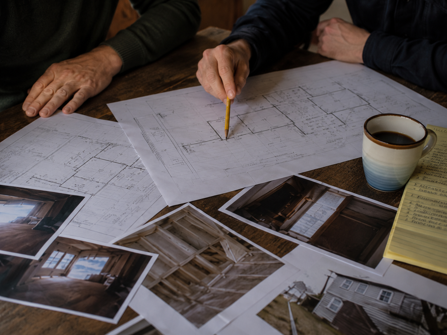 Close-up of hands reviewing architectural floor plans on a worn farmhouse table with renovation assessment photos, a pencil, coffee mug, and handwritten notes.