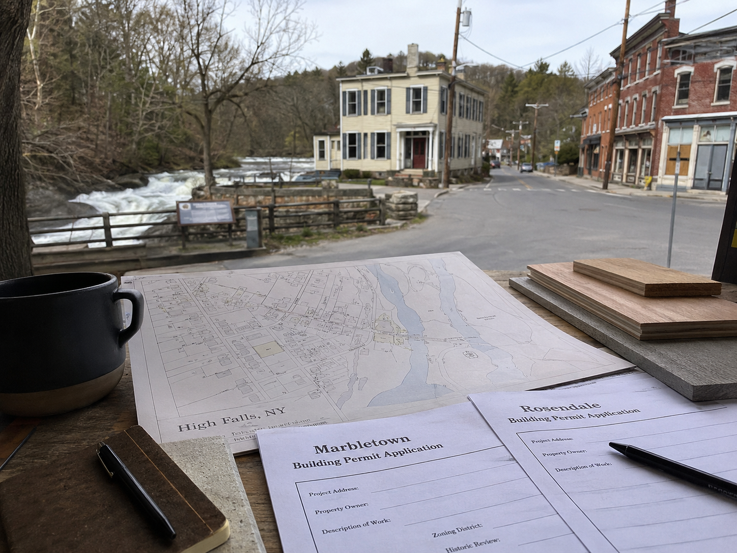 High Falls, NY planning scene with parcel map, Marbletown and Rosendale permit forms, and the historic hamlet near Rondout Creek.