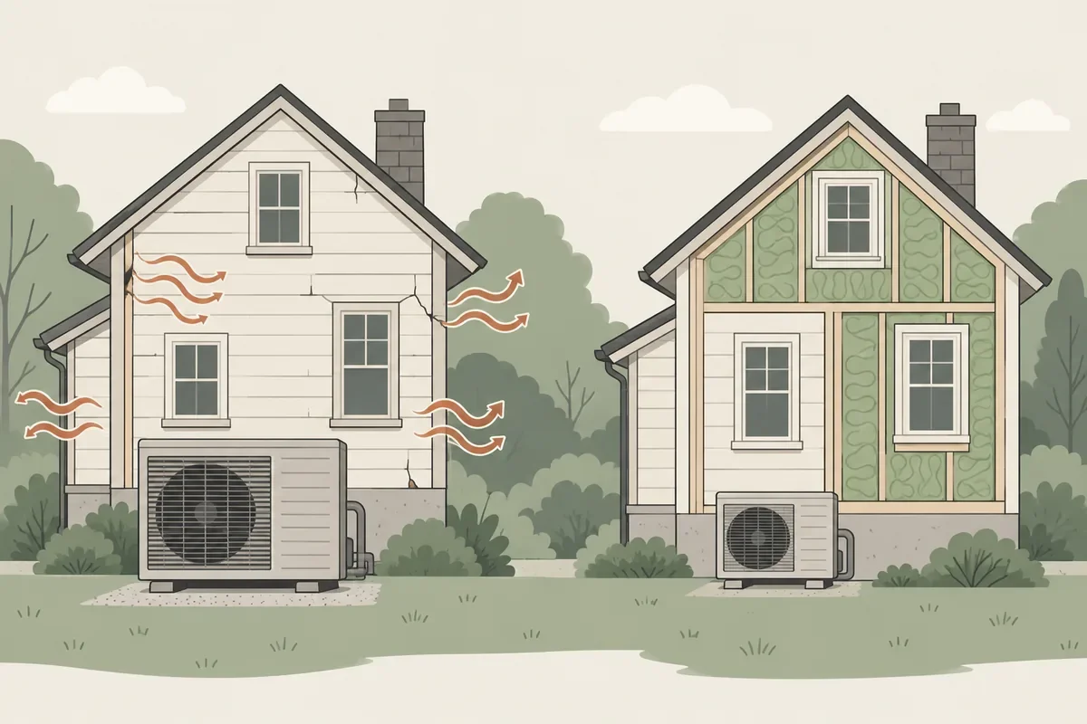 Illustration comparing a large heat pump for a leaky house with a smaller one for a sealed, insulated house.