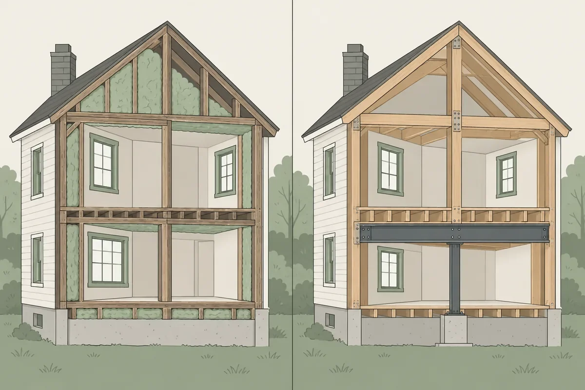 Side-by-side illustration of one house kept with its frame and upgraded, and one house rebuilt from new framing inside the original shell.