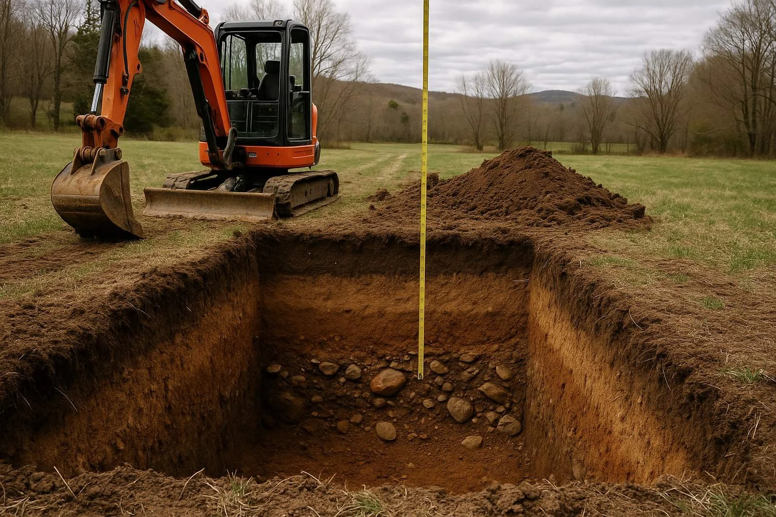 Deep soil test pit showing soil layers for a septic evaluation