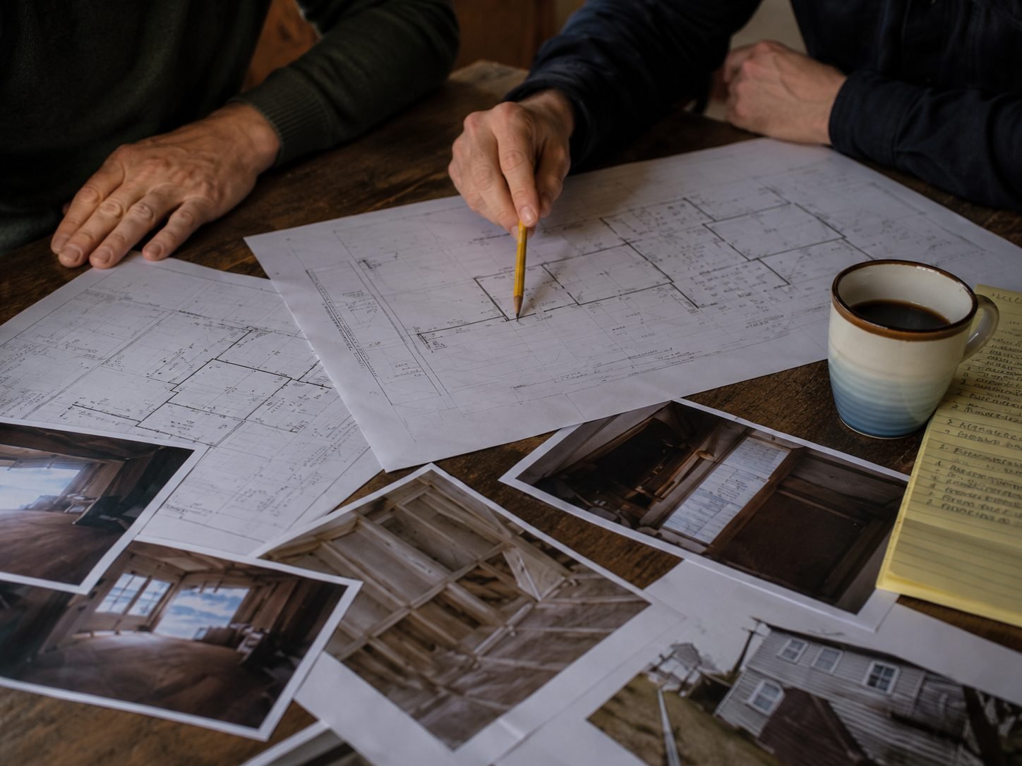 Close-up of hands reviewing architectural floor plans on a worn farmhouse table with renovation assessment photos, a pencil, coffee mug, and handwritten notes.