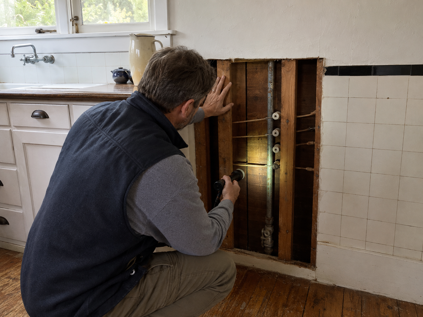 Contractor inspecting knob-and-tube wiring and galvanized plumbing inside an opened kitchen wall in an older Hudson Valley home.