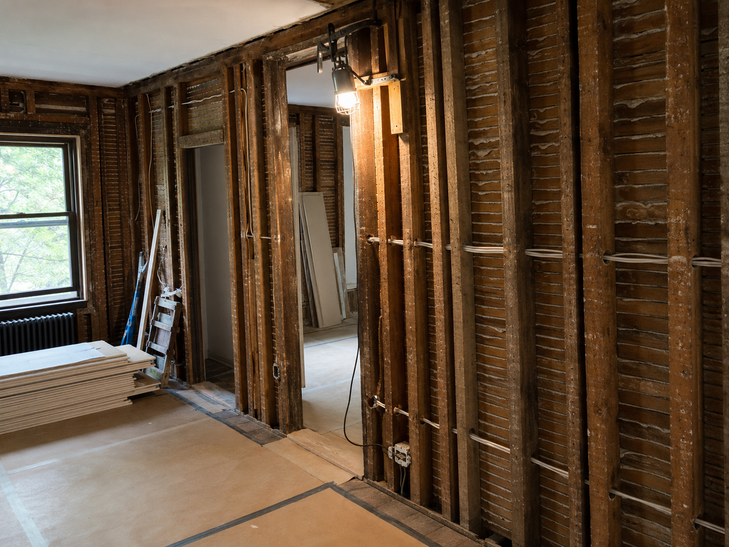 Older Hudson Valley home mid-renovation with exposed balloon framing, original plaster lath, neatly routed electrical wiring, protected floors, and organized materials.