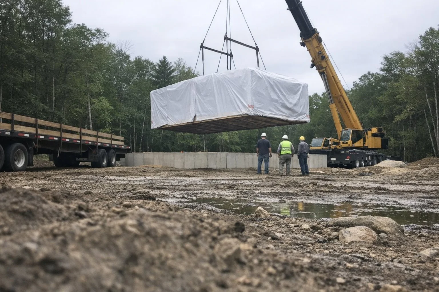 Crane setting a modular home section onto a foundation