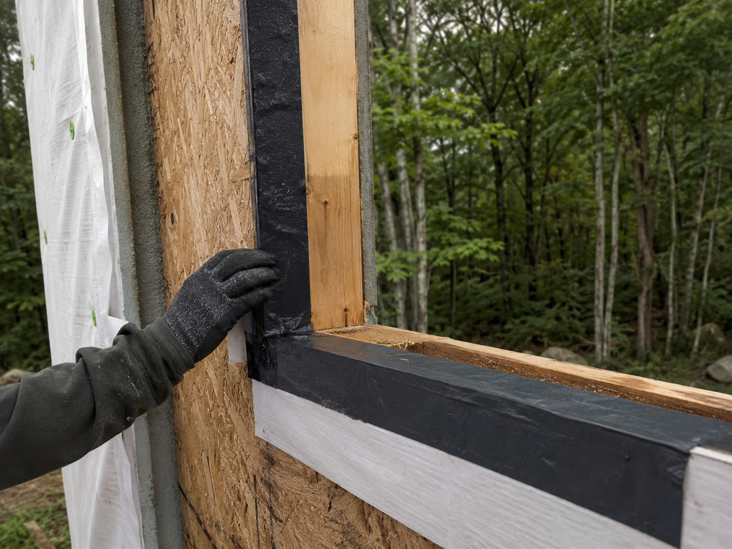 Close-up of a high-performance wall assembly under construction with rigid foam insulation, OSB sheathing, house wrap, and a gloved hand sealing a window rough opening.