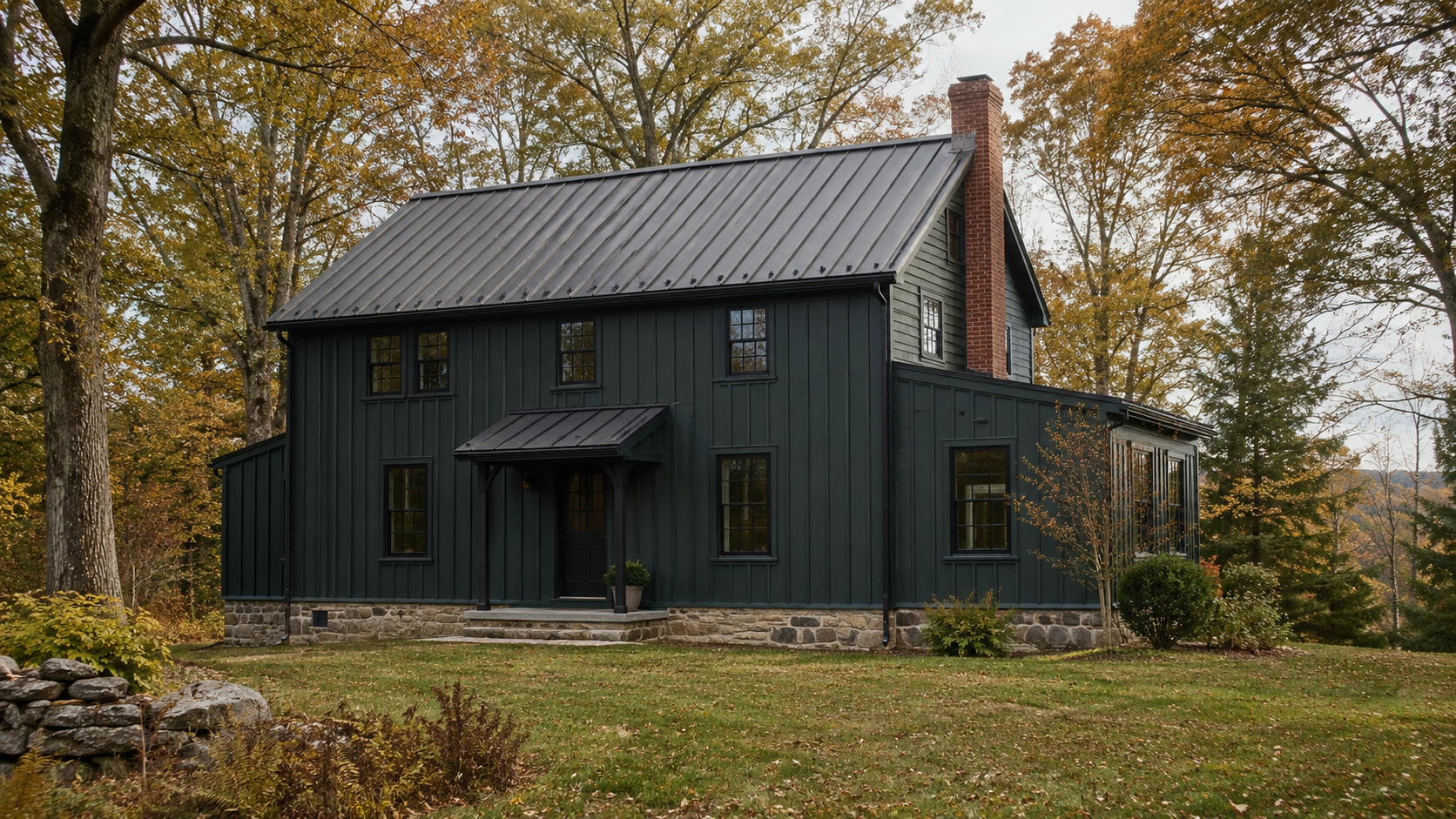 Carefully renovated Hudson Valley farmhouse with visible fieldstone foundation, dark board-and-batten siding, black-framed windows, a dark gray standing-seam metal roof, and an original brick chimney surrounded by early fall trees.
