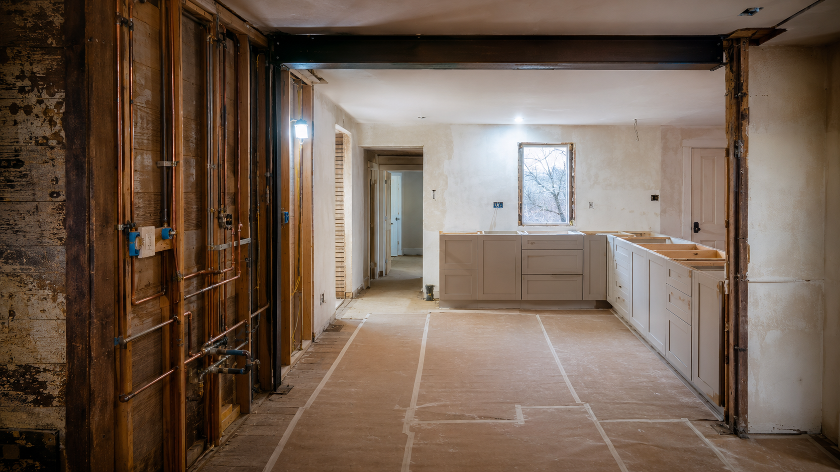 Kitchen remodel under construction in an older Hudson Valley home with exposed plumbing and electrical, a new structural beam, and base cabinets installed.