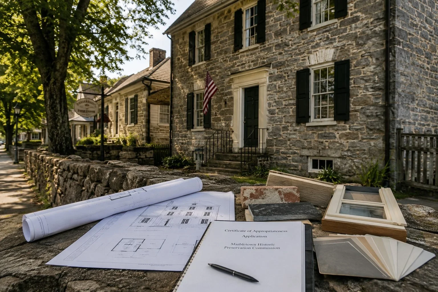 Historic Stone Ridge, NY limestone home with architectural plans, window samples, masonry materials, and Certificate of Appropriateness paperwork for exterior renovation review.