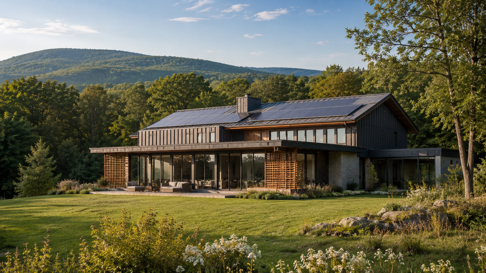 High-end net zero home with rooftop solar panels set in a scenic Hudson Valley landscape with rolling hills, trees, and open lawn.