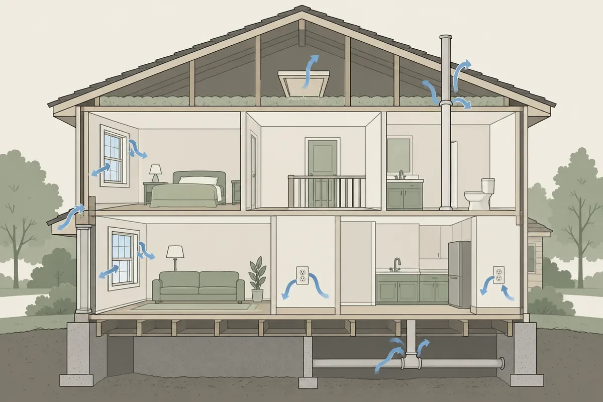 Illustration of a house cross-section with arrows showing air leaking at the attic, rim joist, windows and outlets.