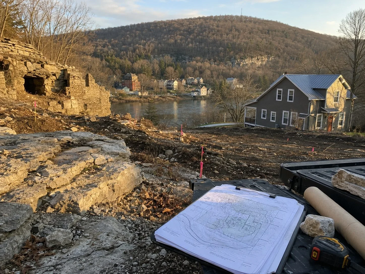 Rocky Rosendale, NY building site with exposed bedrock, old stone ruins, survey plans, and nearby homes along the water beneath a hillside.