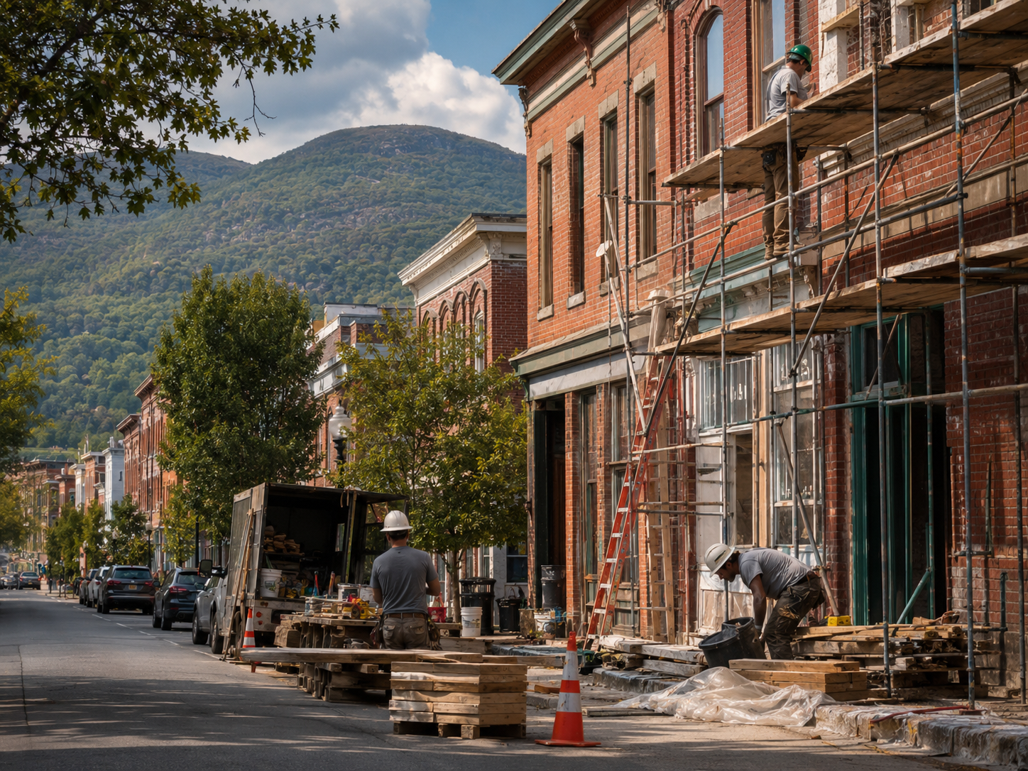 Beacon, NY Main Street historic brick building renovation with scaffolding, construction workers, materials, and Mount Beacon in the background.