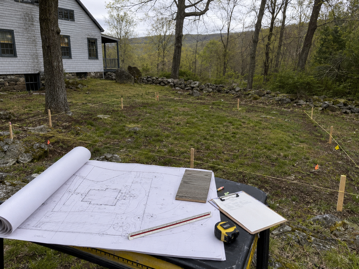 Architectural plans overlooking a staked ADU footprint on a wooded Hudson Valley property.