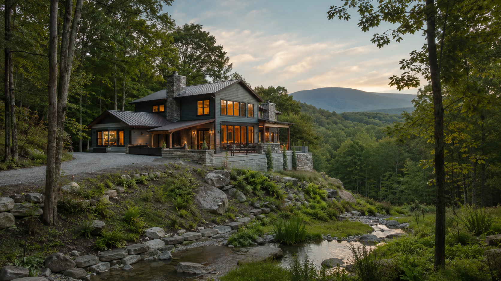 Contemporary home built into a wooded Woodstock, NY hillside with stone retaining walls, a small stream, natural landscaping, and Catskill Mountain views.