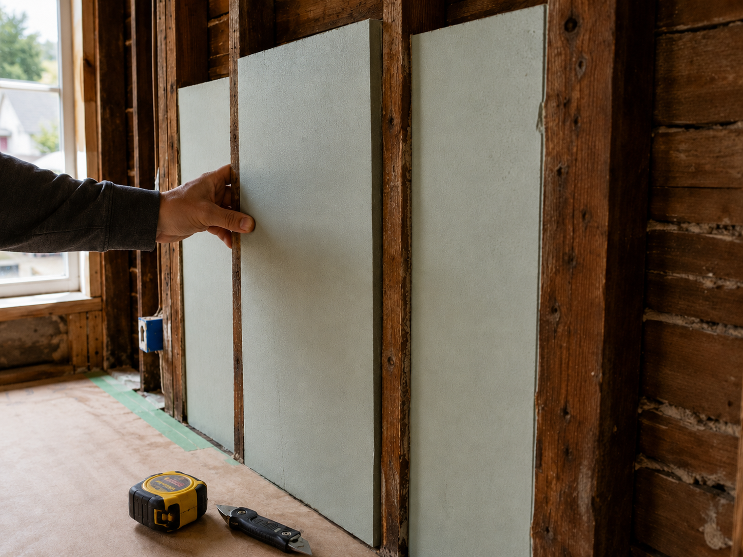 Rigid foam insulation being fitted between old balloon framing studs during a Hudson Valley home renovation, with a utility knife and measuring tape on the protected subfloor.
