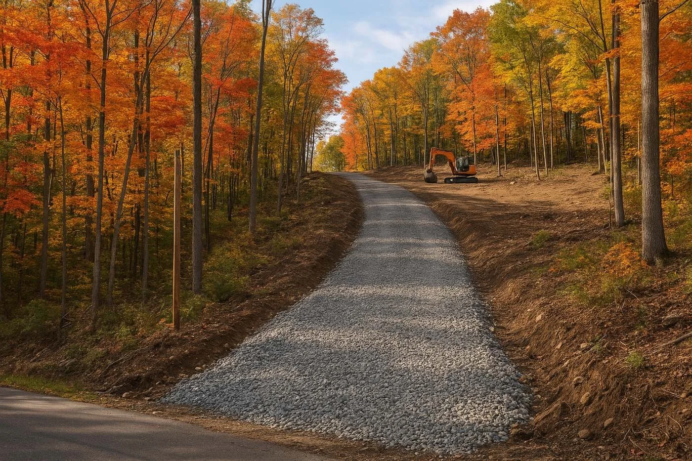 New gravel driveway climbing a wooded hillside to a house site