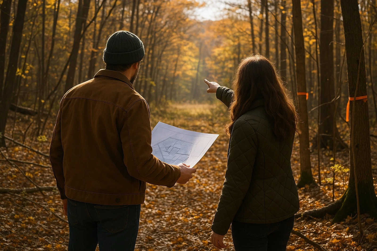 Walking a wooded building lot with a site plan before buying