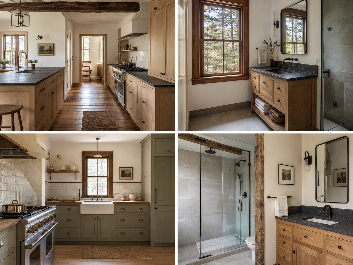 Collage of completed Hudson Valley kitchen and bathroom remodels featuring custom wood cabinetry, stone countertops, tiled showers, and preserved original details.