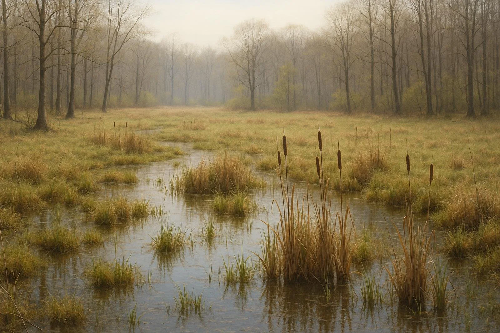 Spring wetland meadow at the edge of a wooded lot