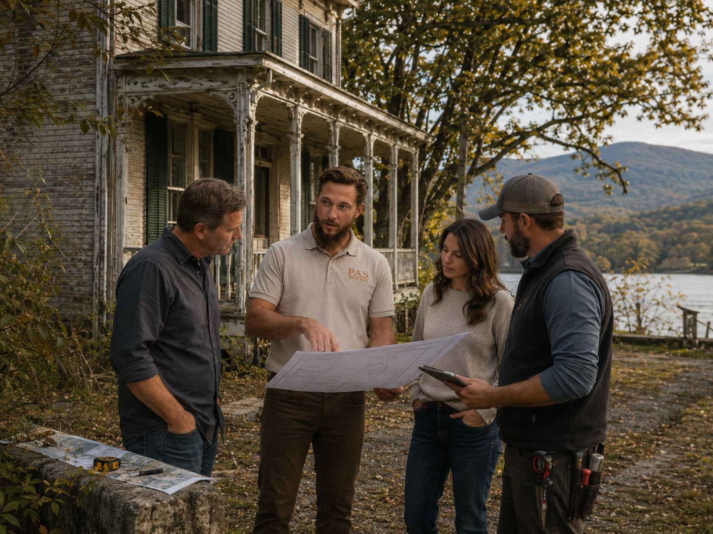 Aiden from P.A.S. Design Build reviewing renovation plans with homeowners and a contractor outside an older Saugerties, NY home near the river and Catskill foothills.