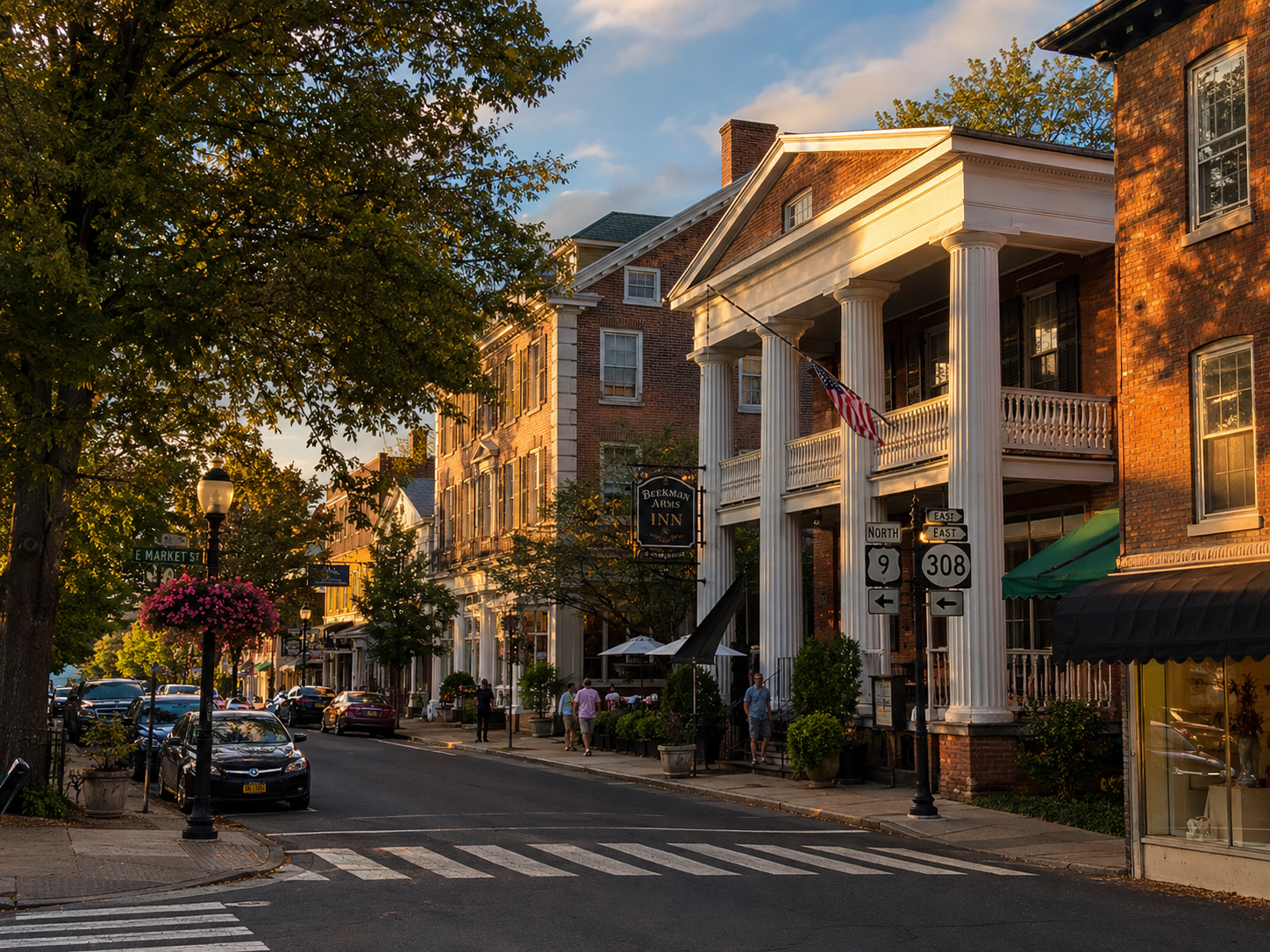 Iconic view of downtown Rhinebeck, NY with historic brick buildings, tree-lined streets, local shops, the Beekman Arms Inn, and walkable Hudson Valley village character.