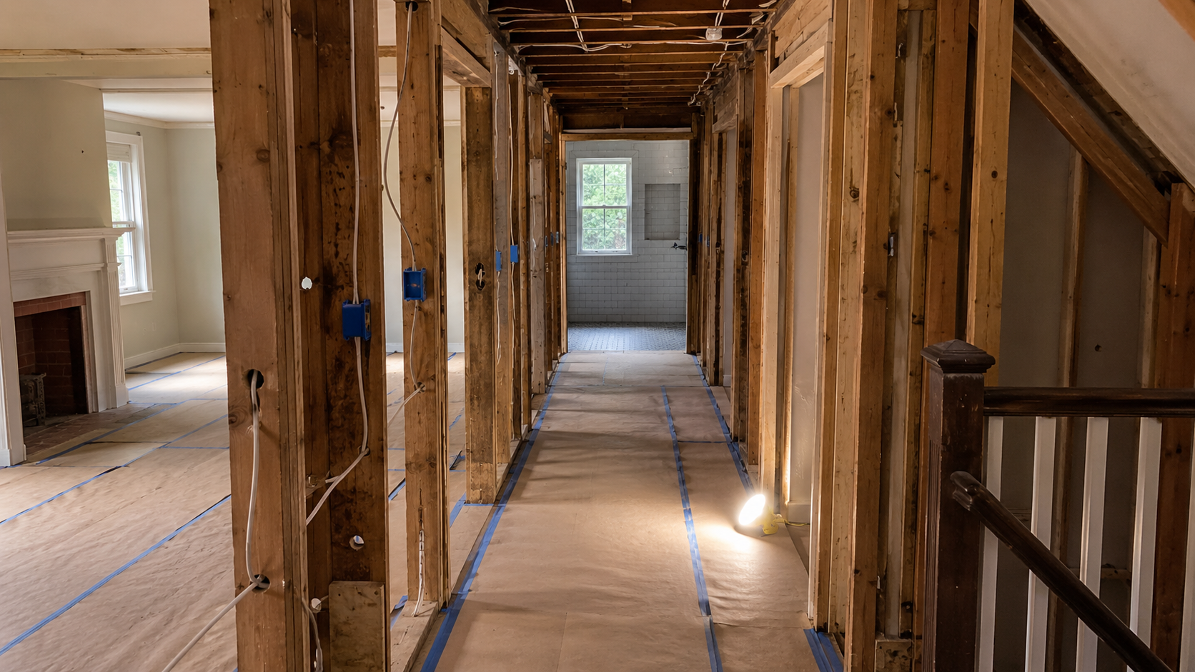 Organized whole-home renovation hallway in an older Hudson Valley home with exposed framing, protected floors, neatly run electrical wiring, and new tile visible in the room beyond.